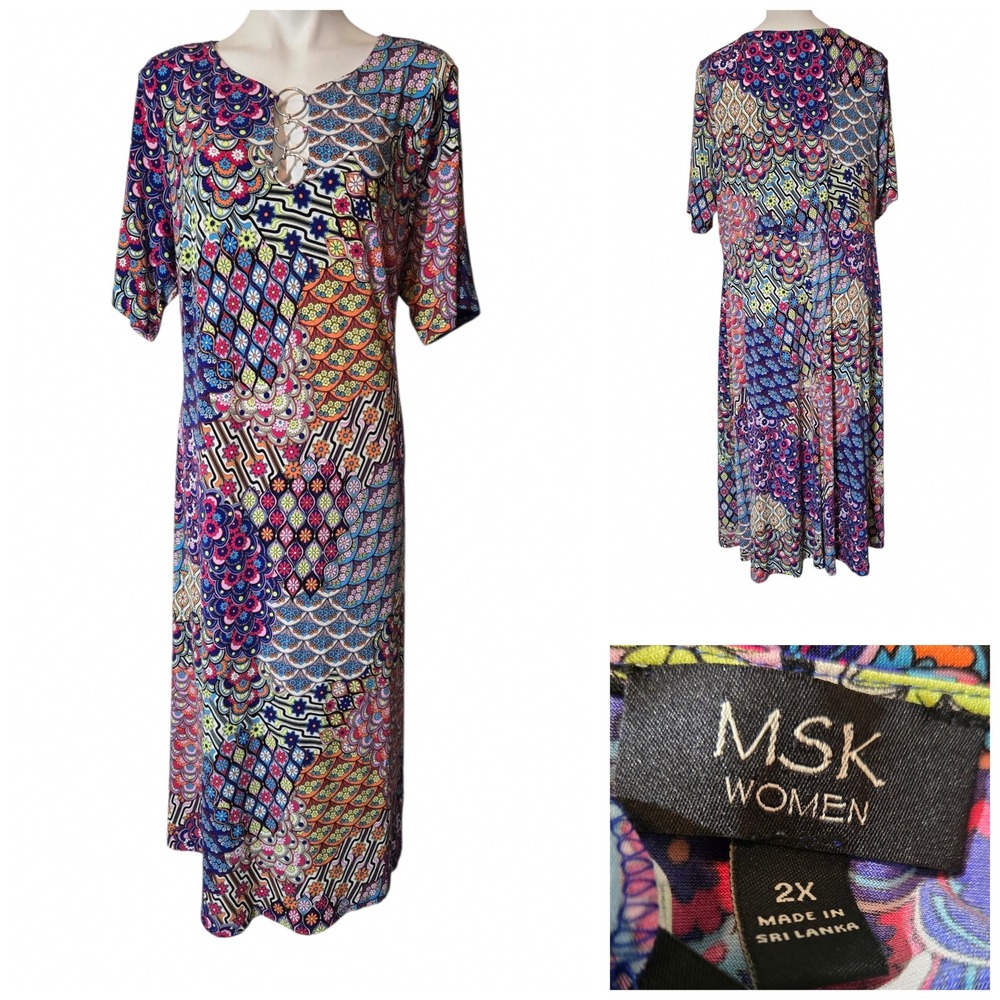 MSK Women 2X Maxi Dress Multi Color Geometric Floral Patchwork O-Ring Neckline